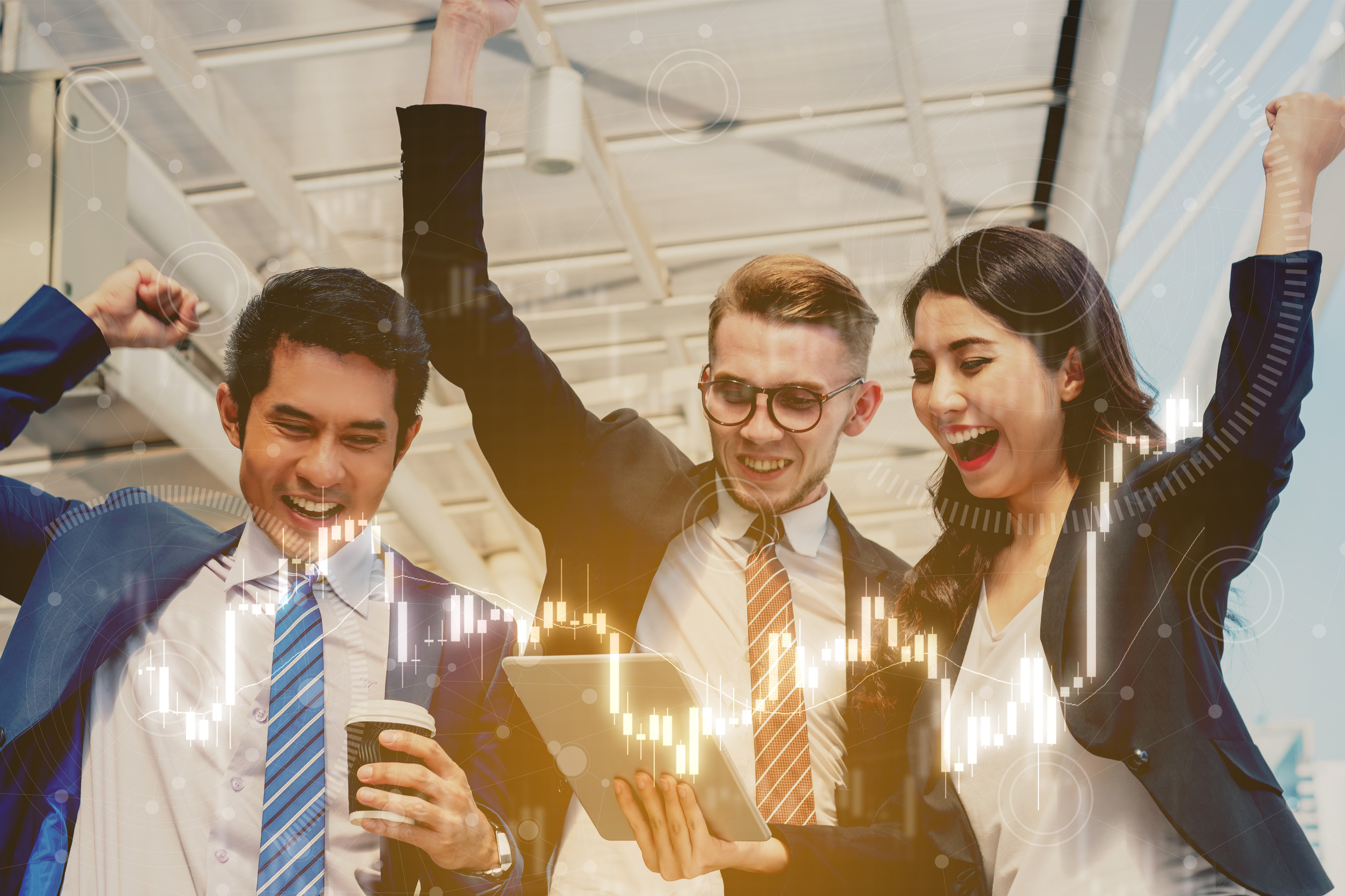 successful trader concept : businessman happy investing , grow marketplace value , selective focus